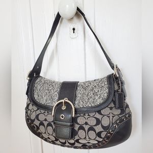 Rare Coach - Black and grey tweed and leather signature satchel shoulder bag